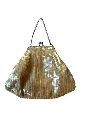 Vintage Sequin Evening Bag Champagne Gold Iridescent Clutch Kiss Lock Purse